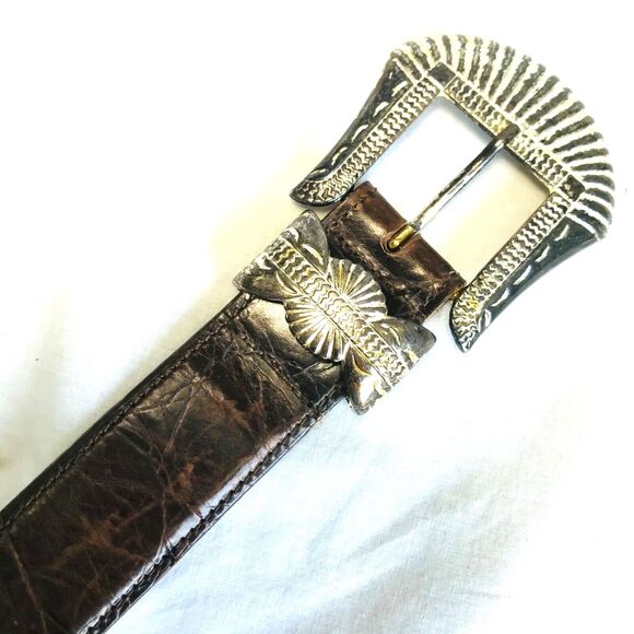 Zele Croc Skinny Belt Alligator Embossed Leather Brown S M Silver Buckle 24-29in - Picture 9 of 11